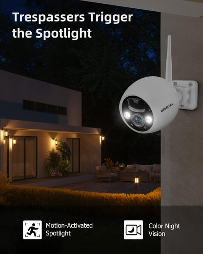 WESECUU Security Cameras Wireless Outdoor, 2K Battery Powered AI Motion Detection Spotlight Siren Alarm WiFi Surveillance Indoor Home Camera, Color Night Vision, 2-Way Talk,SD Card/Cloud Storage