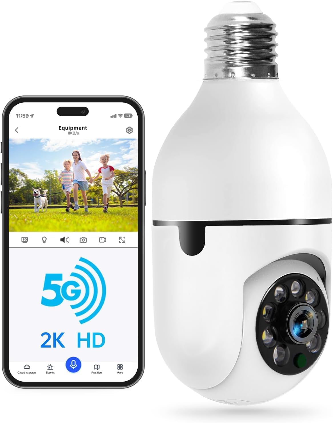 Telecamera di sicurezza a lampadina 2K con WiFi 5G dual band e Alexa