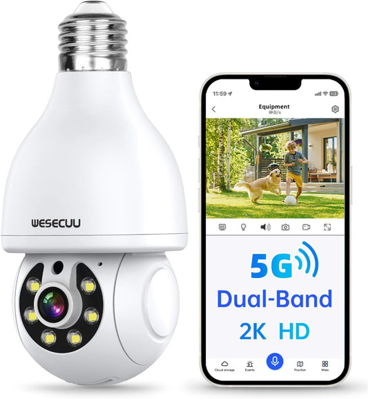 WESECUU Light Bulb Security Camera, 2.4G WiFi Security Cameras Wireless Outdoor Indoor for Home Security, 360° Monitoring, Auto Tracking, 24/7 Recording, Color Night Vision, Works with Alexa