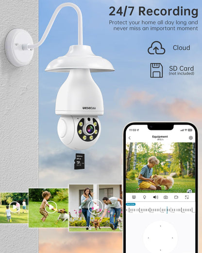 WESECUU Light Bulb Security Camera, 2.4G WiFi Security Cameras Wireless Outdoor Indoor for Home Security, 360° Monitoring, Auto Tracking, 24/7 Recording, Color Night Vision, Works with Alexa